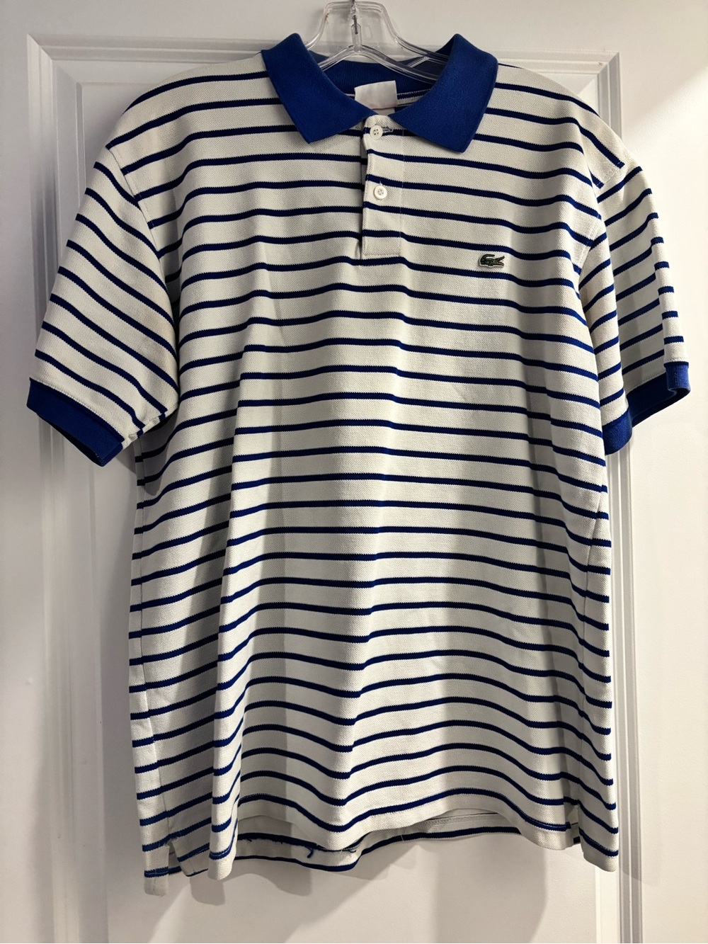 Lacoste Men’s Cream Polo with Blue Stripes and Blue Collar